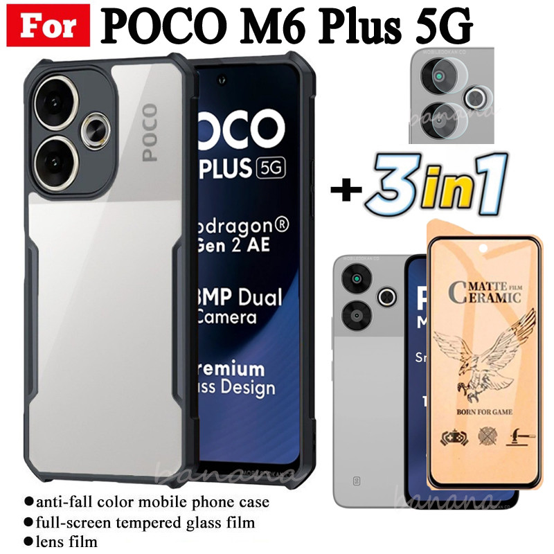 Ốp điện thoại chống sốc 3 trong 1 Poco M6 Plus cho Poco M6 4G 5G Poco C65 C61 Phim mờ gốm + Phim ống kính máy ảnh