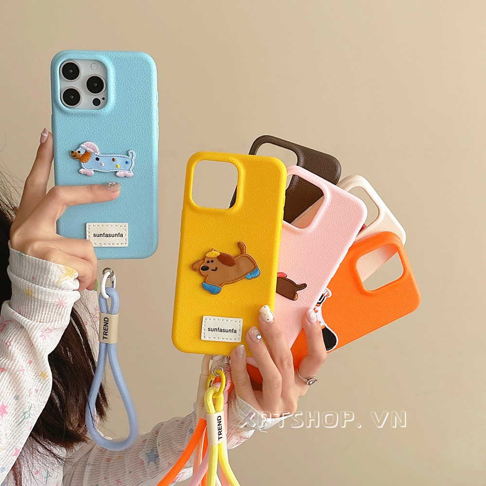 Ốp Điện Thoại Da Thêu Chó + Dây Buộc Cho iPhone 17 Pro Max 16 15 14 13 12 11ProMax Bảo Vệ Toàn Diện Chống Sốc Bảo Vệ Vỏ Mềm