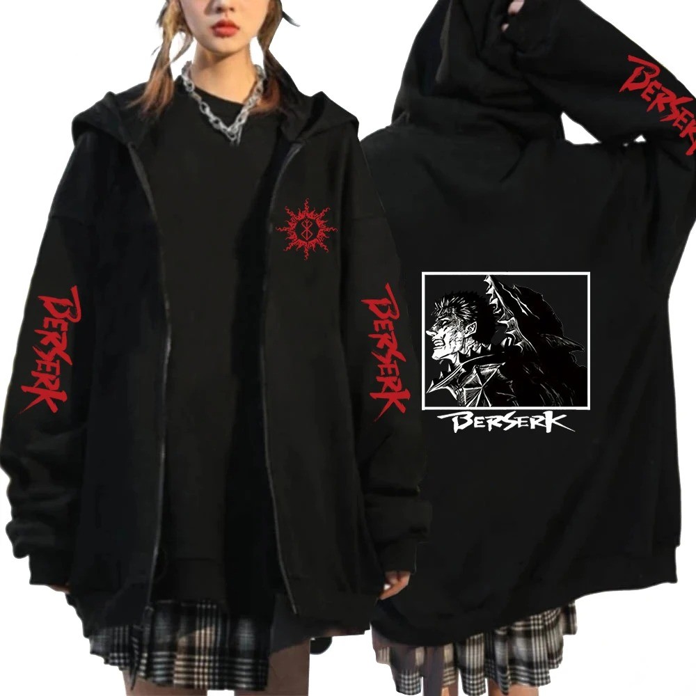 Anime Berserk Guts Mắt Áo Khoác Dây Kéo Manga Áo Hip Hop Thời Trang Quá Khổ Dài Tay Unisex