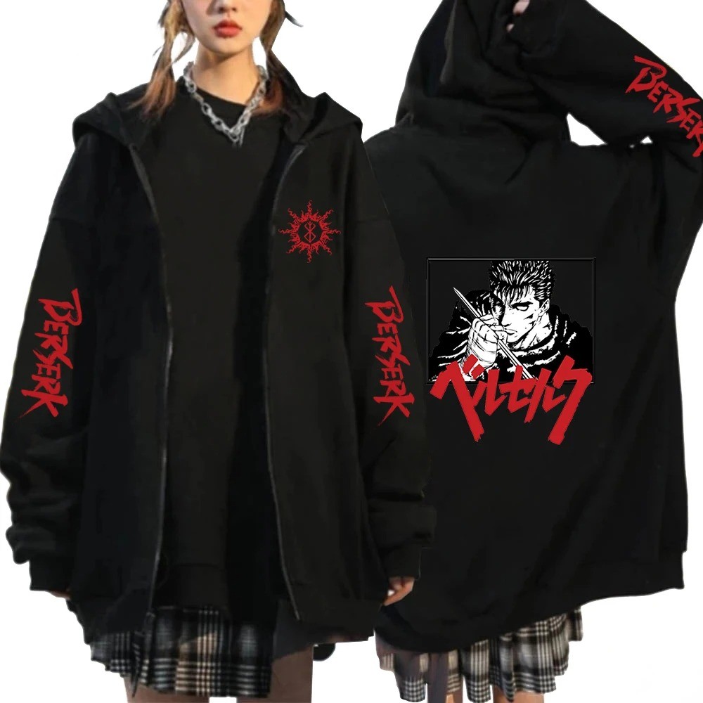 Anime Berserk Guts Mắt Áo Khoác Dây Kéo Manga Áo Hip Hop Thời Trang Quá Khổ Dài Tay Unisex
