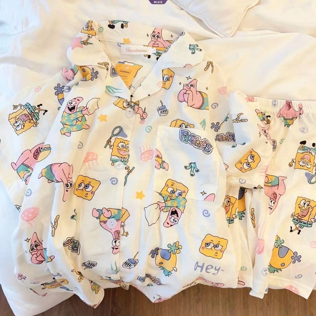 Bộ Đồ Ngủ Pop-up Nữ Mùa Hè Tay Ngắn Mỏng Phần Dễ Thương SpongeBob SquarePants Hello Kitty Hoạt Hình Mặc Ở Nhà [BL]