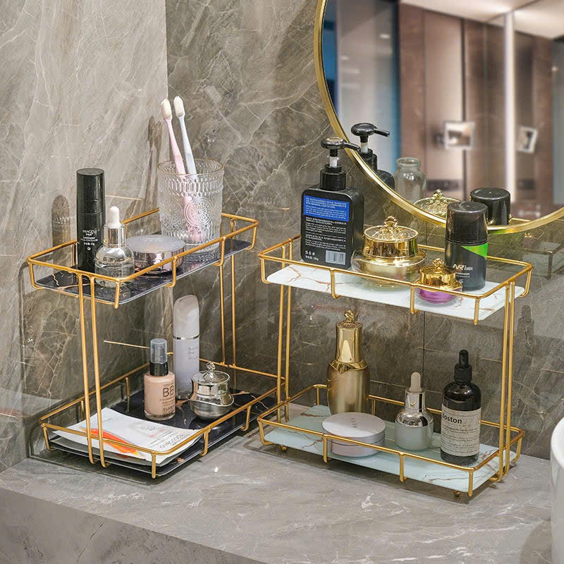 Kệ Để Đồ Nhà Tắm Mạ Vàng Nhiều Tầng - Giá Để Mỹ Phẩm Bàn Trang Điểm Mặt Kính Sang Trọng Decor