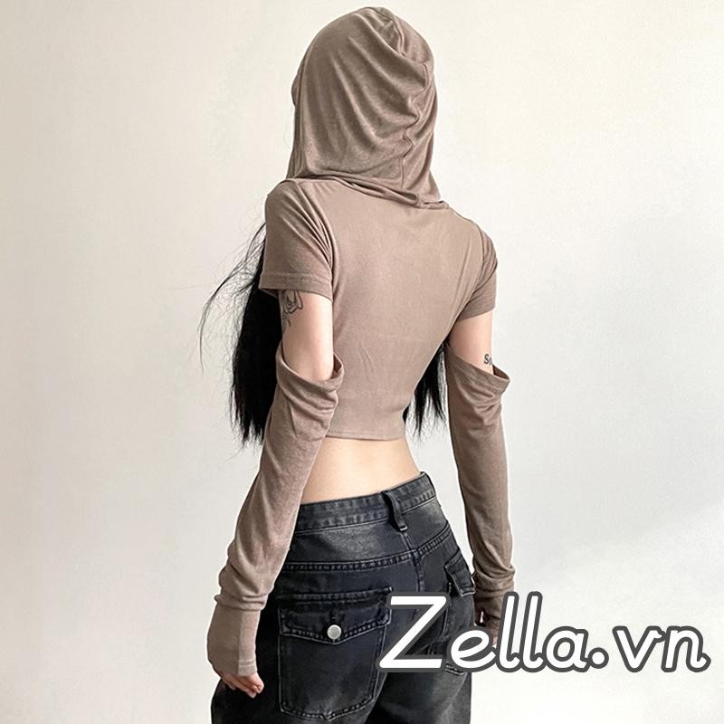 Áo Crop top nữ có mũ trùm đầu phong cách Gothic Áo thun dài tay cổ Cowl có lỗ nhỏ
