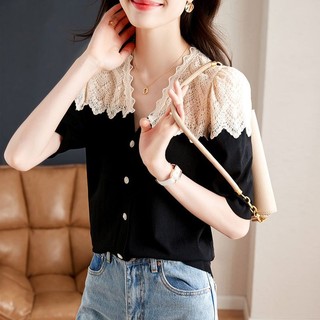 Áo cardigan cổ chữ V ngắn tay phong cách Hepburn Pháp, màu sắc tương phản, trendy 2025
