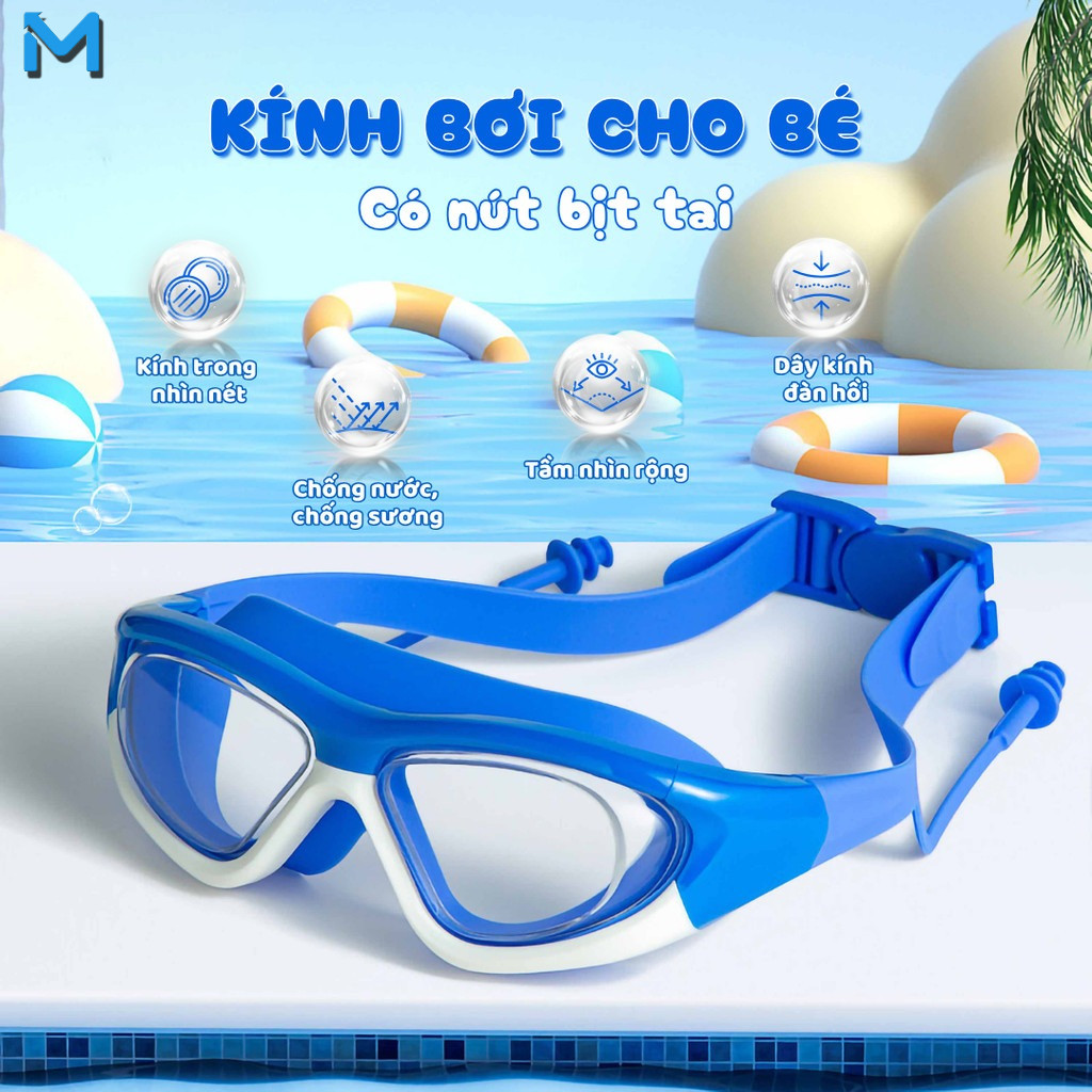 Kính bơi trẻ em từ 3-15 tuổi, silicon cao cấp, có nút bịt tai, chống nước và chống sương mù HD