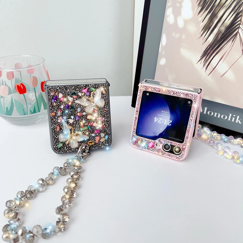 Ốp Điện Thoại Lấp Lánh Sang Trọng Cho Samsung Galaxy Z Flip 7 6 5 4 3 Flip7 Flip6 5G Dễ Thương Bling Đá Pha Lê Cổ Tay Bao