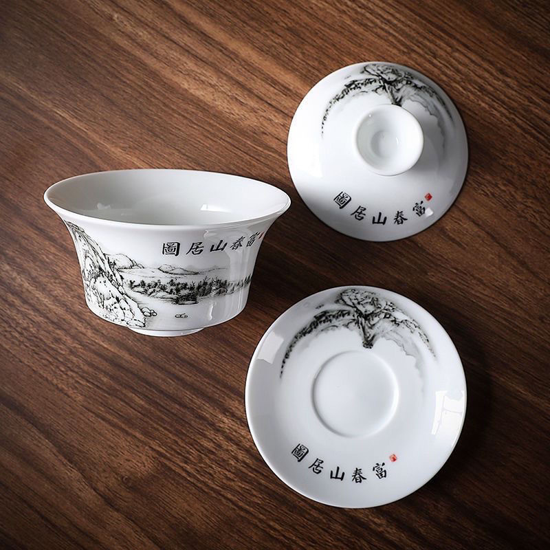 Bộ Trà Gốm Kung Fu Xanh Trắng Sancai Gaiwan Trung Quốc Retro Teacup