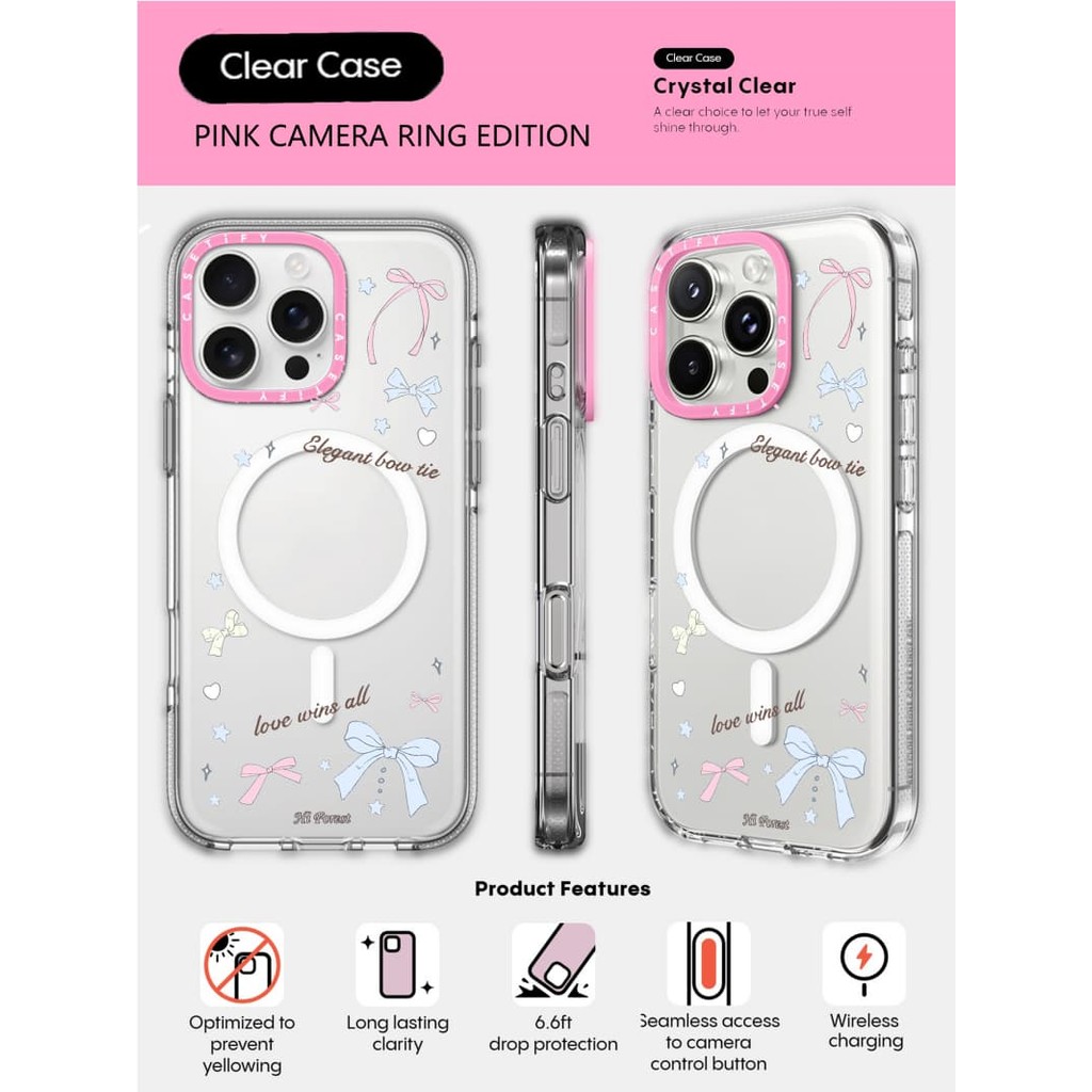 CASECASE X Love Wins All Case HỒNG CAMERA RING EDITION Tác động Vỏ hút từ tính trong suốt cho iPhone 16 / 15 / 14 / 13 Pro Max với bao bì cao cấp
