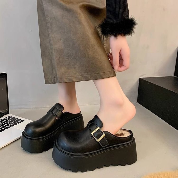 Hàn Quốc Retro Phong Cách Mới Cao Su Baotou PU Nền Tảng Đế Cao Gót Dép Thường Ngày Phù Hợp Với Bên Ngoài Mặc Nhà Máy Wholesal