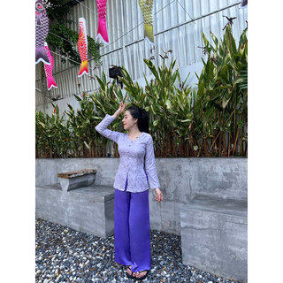 set bà ba cổ tim nút bọc dài tay, đồ bộ gấm lụa nữ