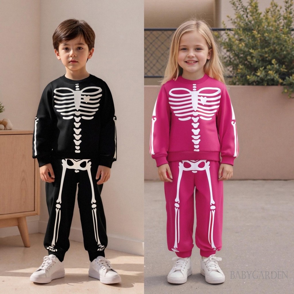1-7 Tuổi Trẻ Em Bé Gái Bé Trai Trang Phục Halloween In Hình Bộ Xương Dài Tay Cổ Tròn Chui Đầu + Quần Eo Co Giãn 2 Chiếc Bộ