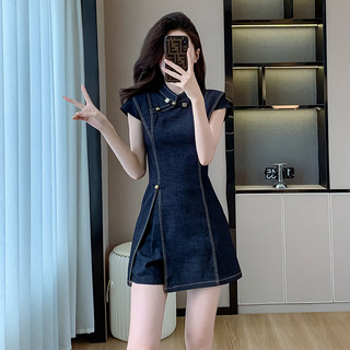 [Giảm Giá Khách Hàng Mới] Quần Short + Đầm Denim Bộ Đồ Hai Mảnh Nữ Khóa Retro Phong Cách Trung Hoa Tính Khí Phong Cách Mới