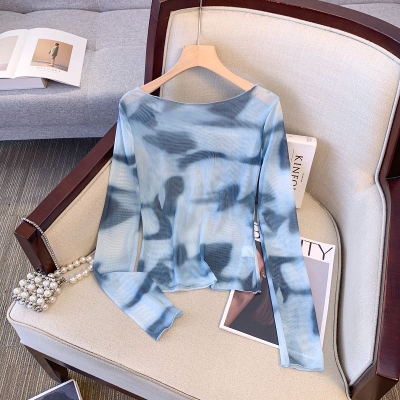 Milyfashion  Mesh Tie-Dye Printing  off-Shoulder T  Summer  Slim Fit  Chic Long Sleeve Sun Protection