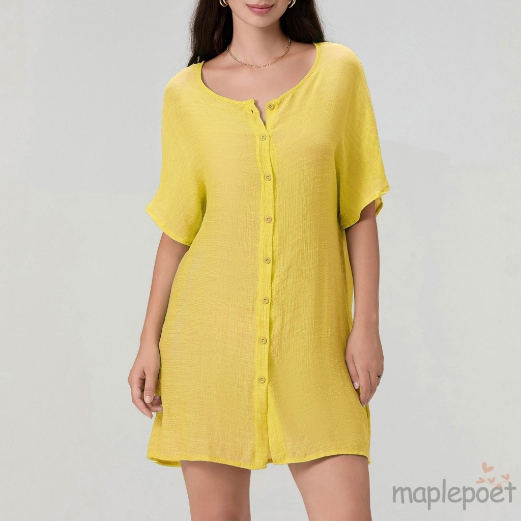 Maplepoet-áo Bikini Nữ Màu Trơn Cổ Tròn Tay Ngắn Nút Áo Sơ Mi Mùa Hè Mini Đi Biển Đầm