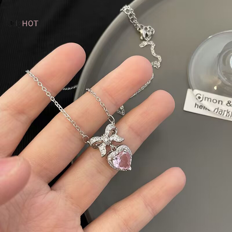 Julyhot Pha Lê Zircon Nơ Trái Tim Mặt Dây Chuyền Vòng Cổ Trái Tim Hồng Nữ Cô Gái Thời Trang Thanh Lịch Xương Đòn Dây Chuyền Dành Cho Nữ Trang Sức Massivedeals