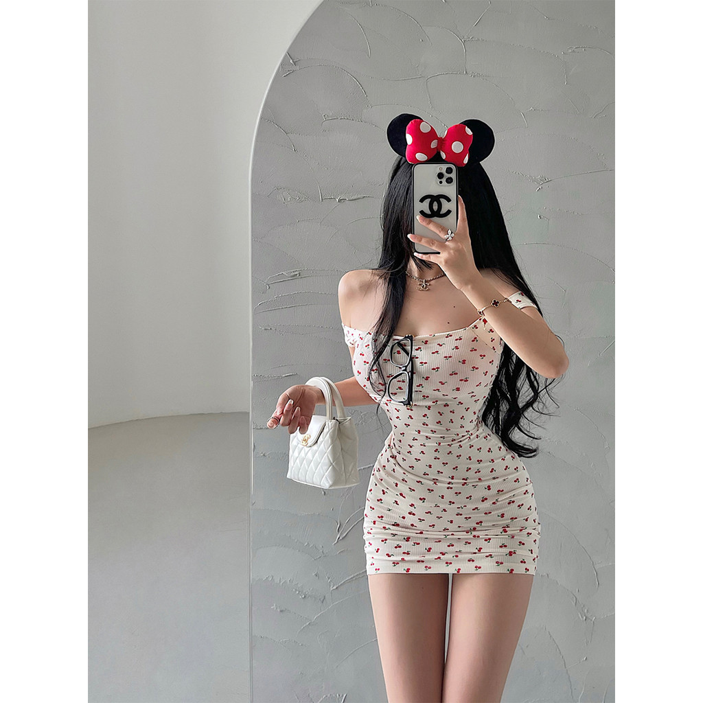 Pure Desire Phong Cách Cô Gái Ngọt Ngào In Hình Anh Đào Skinny Ôm Hơn Nhìn Dây Đeo Đầm Hông Váy
