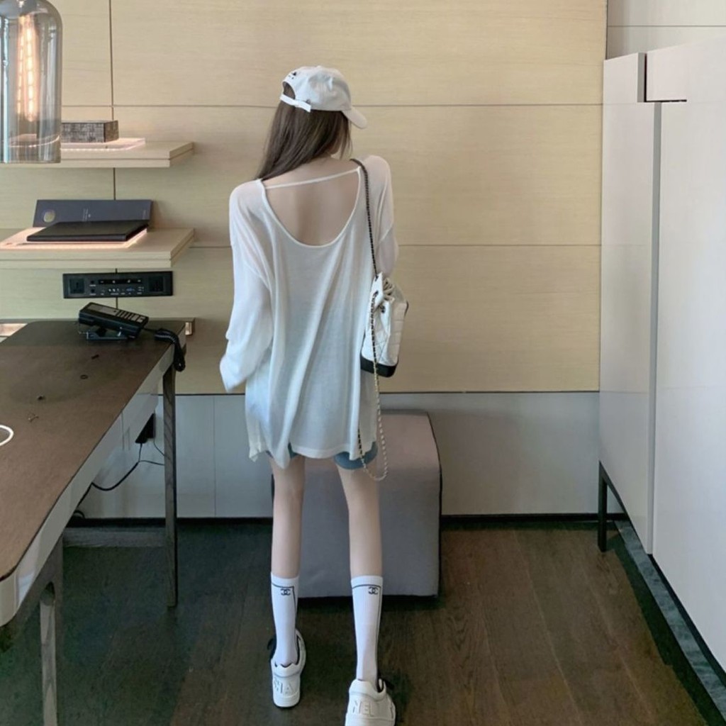 Milyfahsion Mùa Hè Rời Kích Thước Lớn Ôm Hơn Nhìn Cổ Tròn Dây Mỏng Hơi Trong Suốt Khe Chống Nắng Dài Tay B
