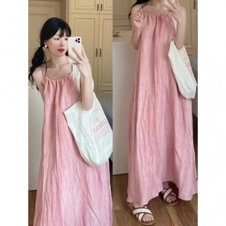 Váy 2 dây trễ vai Váy đi biển Đầm hai dây bigsize nữ Váy dài màu hồng cho nữ cỡ lớn, áo ba lỗ mùa hè cho nữ, váy không tay ôm sát khí chất, váy dài đi biển, Váy treo ngày lễ