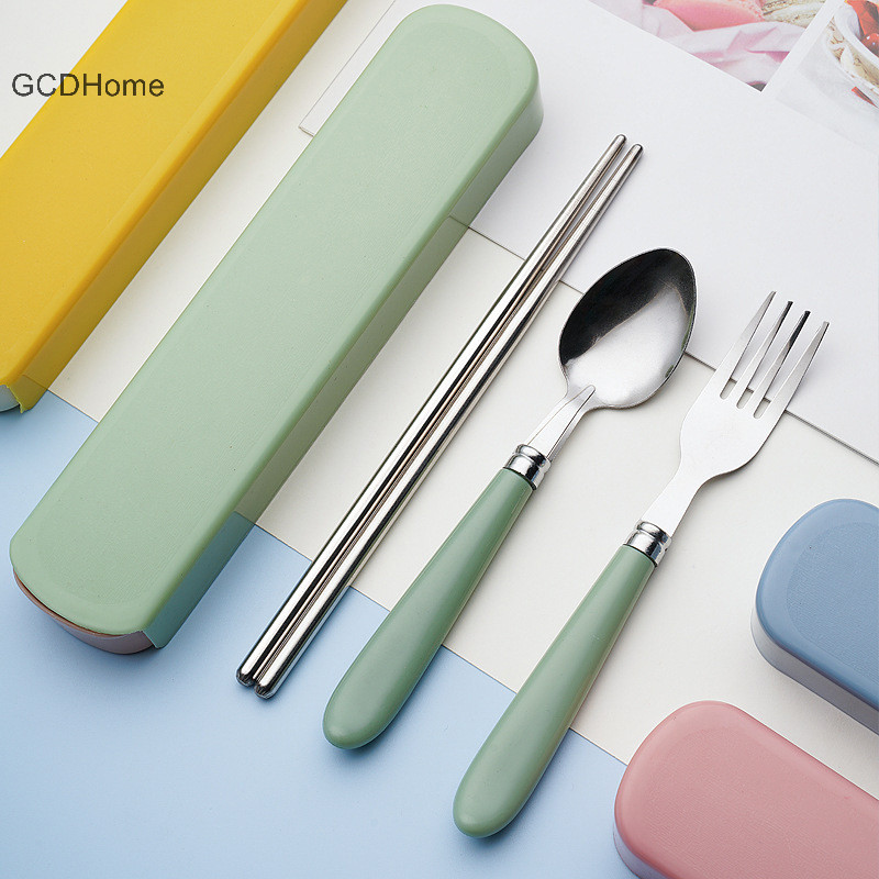 Gcdhome 410 Bộ đồ ăn bằng thép không gỉ Thìa nĩa di động Nhân viên văn phòng Ba mảnh Hộp lưu trữ dễ thương Bộ dao kéo HOT
