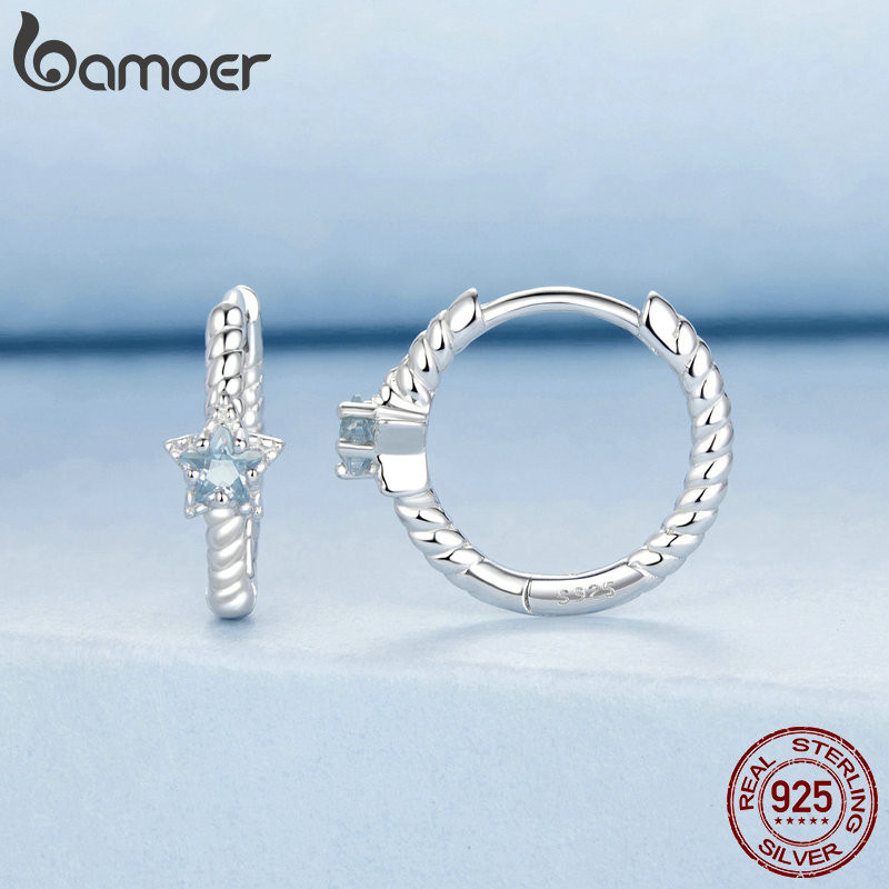 Bông tai bạc Bamoer 925 Sterling Thiết kế ngôi sao lấp lánh Quà tặng trang sức dành cho nữ.