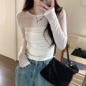 Suxi Sweet French Đơn Giản Màu Trơn Giảm Béo Cổ Tròn Dài Tay Áo Thun Nữ Ngắn 240830