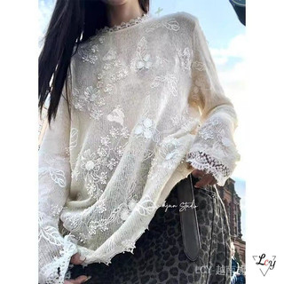 Áo dệt kim tay dài phối ren, họa tiết quả lê thêu rỗng, phong cách Hàn Dongdaemun mới mùa thu đông, áo mặc trong thanh lịch và dịu dàng dành cho nữ.