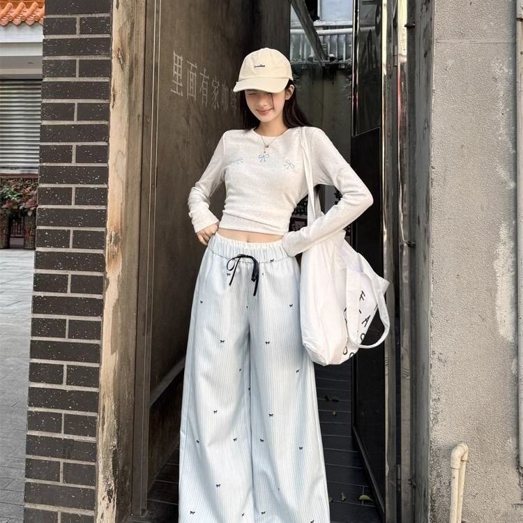 Quần ống rộng sọc xanh phong cách Hàn Quốc dành cho nữ phong cách Preppy cạp cao in nơ thẳng