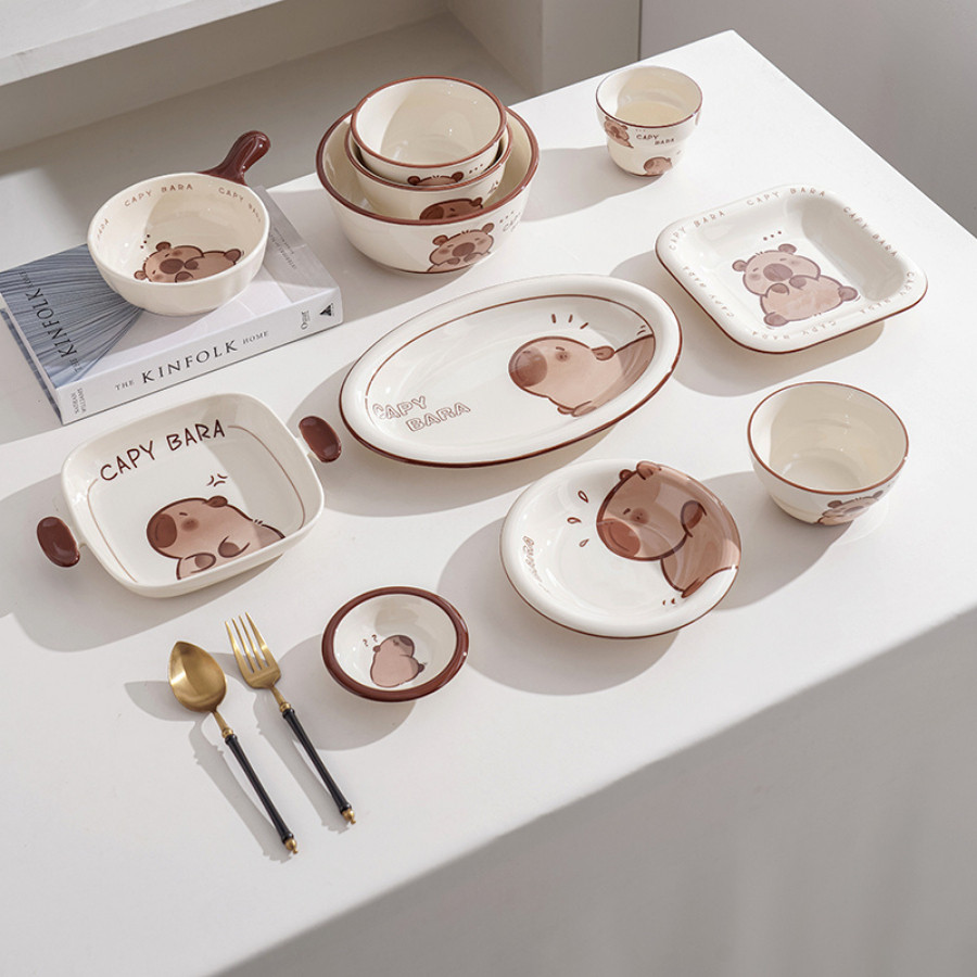 Bát Đĩa Sứ Capybara Đáng Yêu, Bát Ăn Cơm, Bát Ăn Chè, Chén Dĩa Dễ Thương SET016