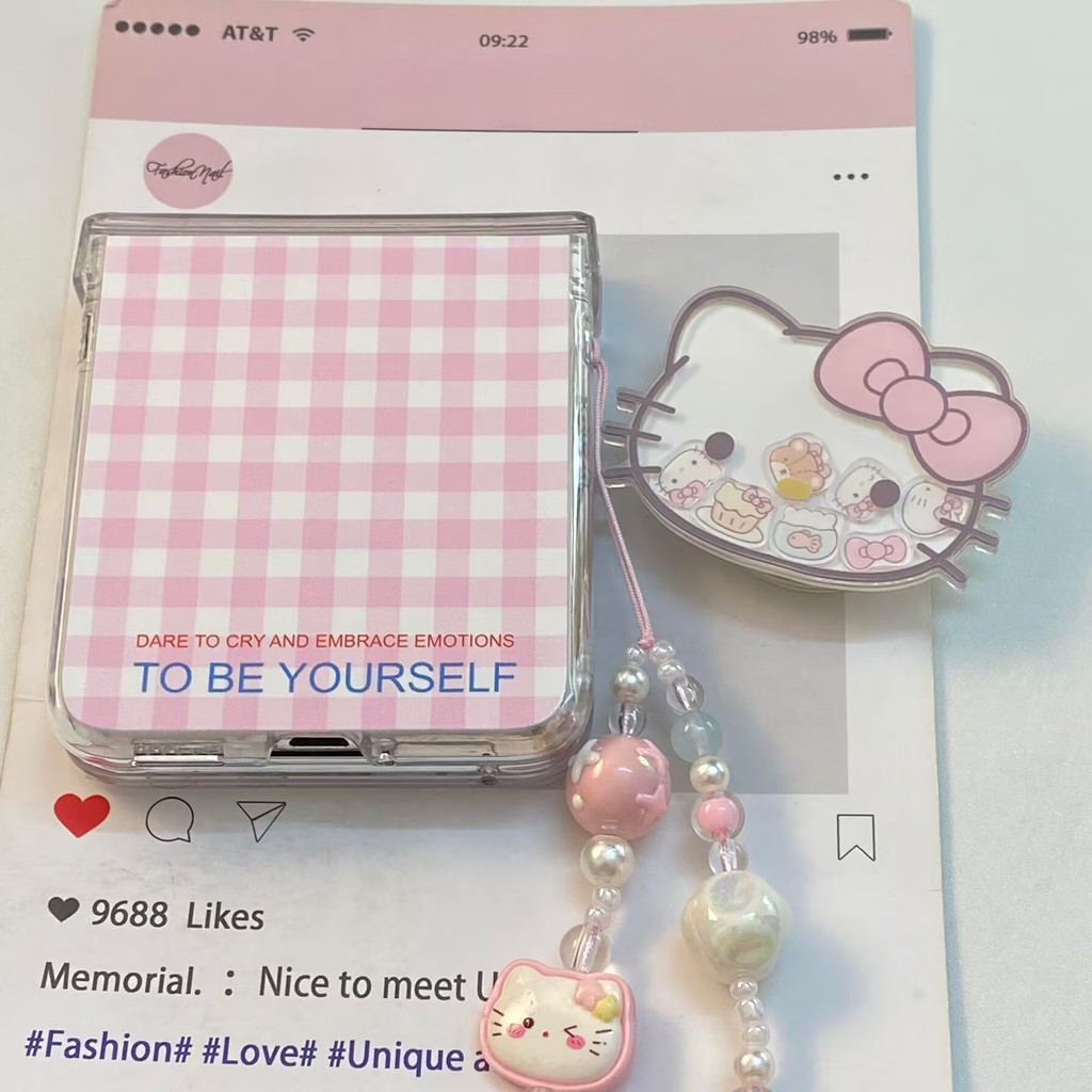 Thích Hợp Cho Samsung Galaxy Z Flip7 Flip6 Hồng Checker Dễ Thương Kt Cat Shake Fun Bracket Vỏ Điện Thoại Cho ZFlip 7 6 5 4 3 5G N3Flip MixFlip Dây Gấp Bảo Vệ