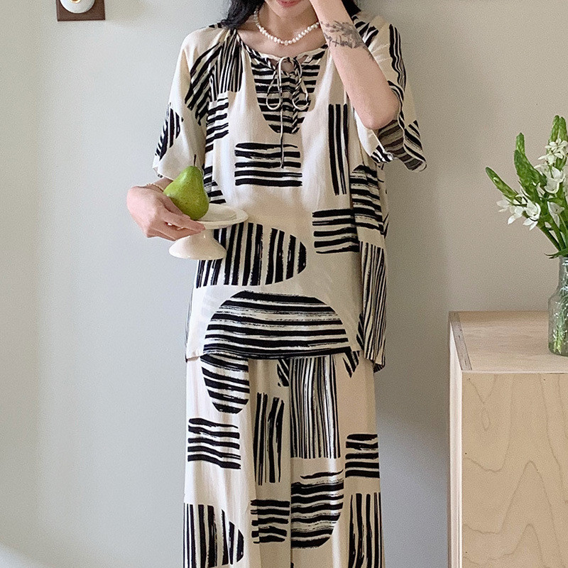 Bộ Đồ Ngủ Nữ Mùa Hè Cotton Lụa, Phong Cách Mới Sọc, Kích Thước Lớn, Phù Hợp Làm Loungewear