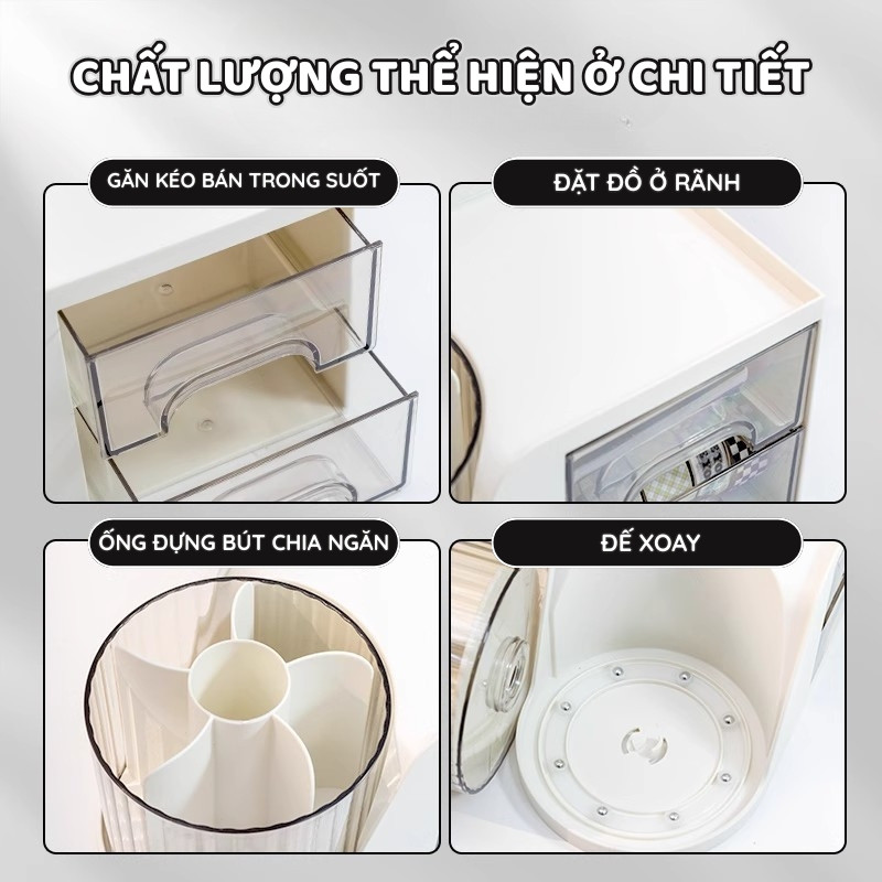 Lọ Đựng Đồ Trang Điểm Xoay 360 - Kệ Để Bàn Đa Năng Có Ngăn Kéo, Đựng Bút, Trang Sức, Giúp Bàn Làm Việc Gọn Gàng