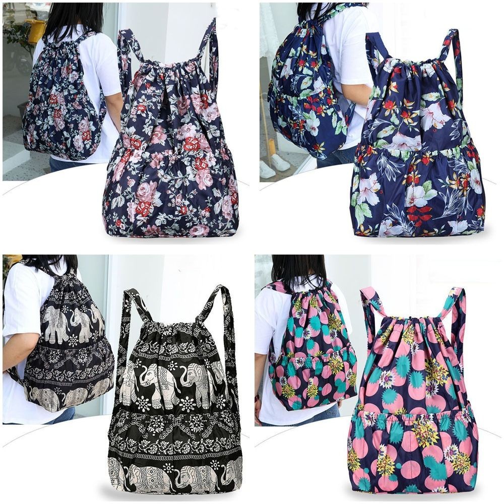 Túi dây rút BRBRAA, Ba lô chống thấm nước in hoa, Túi mua sắm di động bằng vải Polyester nhẹ đa năng dành cho nữ