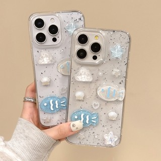 3D Ngôi Sao Xanh Cá Bạc Lá Nhựa Ốp Lưng Điện Thoại iPhone 17 Pro Max 16 15 14 13 12 11 Vỏ Bảo Vệ Chống Sốc
