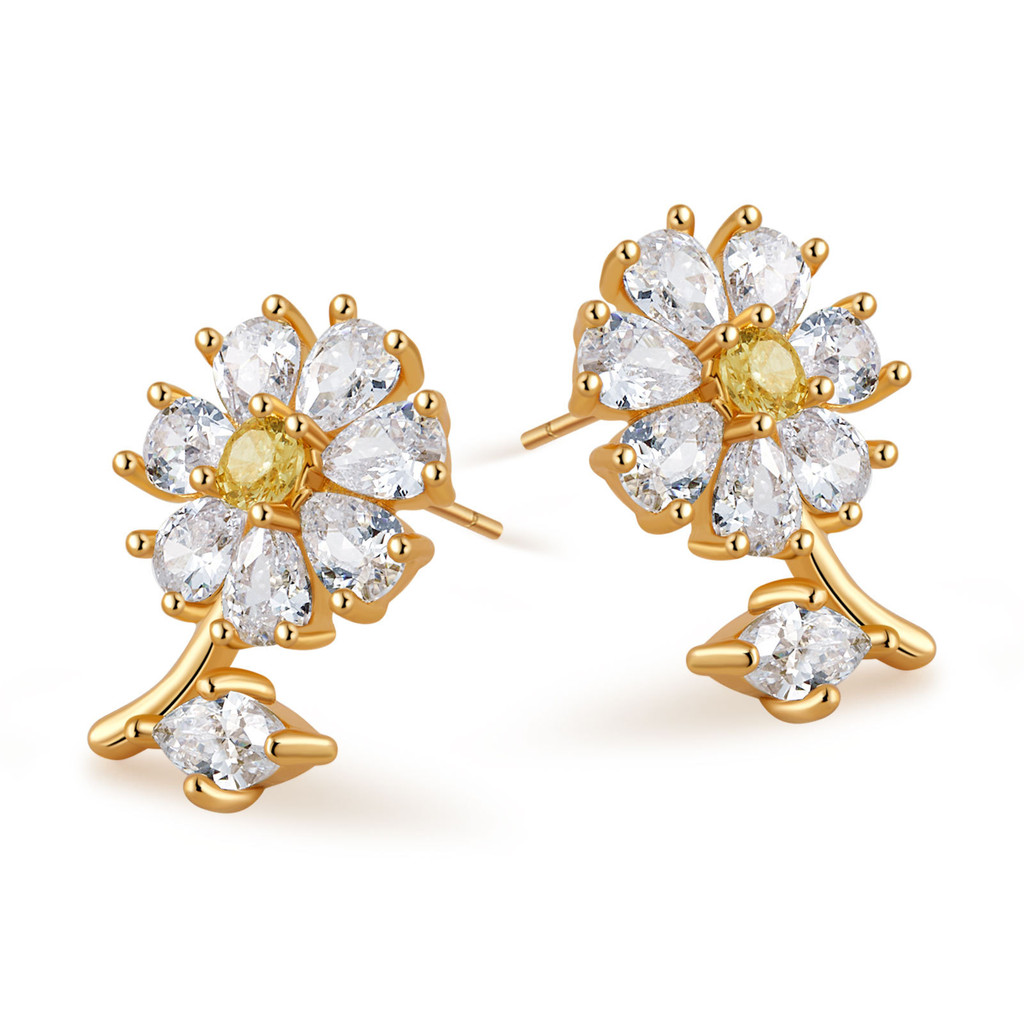 Bông tai zircon màu vàng thiết kế vuông đính đá, phong cách sang trọng