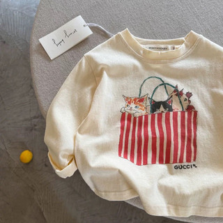 Mùa Xuân Thu Phong Cách Mới Cotton Nguyên Chất Bé Gái Áo Thun Dài Tay Bé Trai Hoạt Hình Chó In Hình Thời Trang Đáy Áo Sơ Mi Trẻ Em Áo