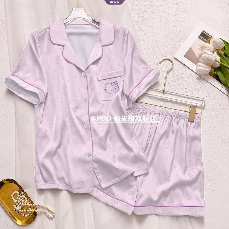Bộ đồ ngủ Hello Kitty chấm bi mùa hè, băng lụa ngắn tay, quần short hoạt hình dành cho sinh viên nữ.