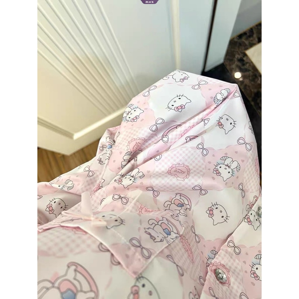Bộ Đồ Ngủ Nữ Xuân Thu Mới, Họa Tiết Hoạt Hình Hello Kitty, Quần Dài Tay Ren