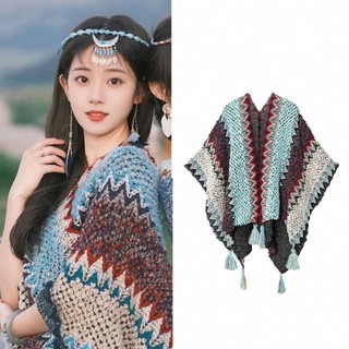 Khăn choàng Lijiang Influencer Phong cách dân tộc Tân Cương Tây Tạng Du lịch Mặc Áo khoác ngoài Áo khoác Áo choàng Khăn choàng Nữ Ảnh