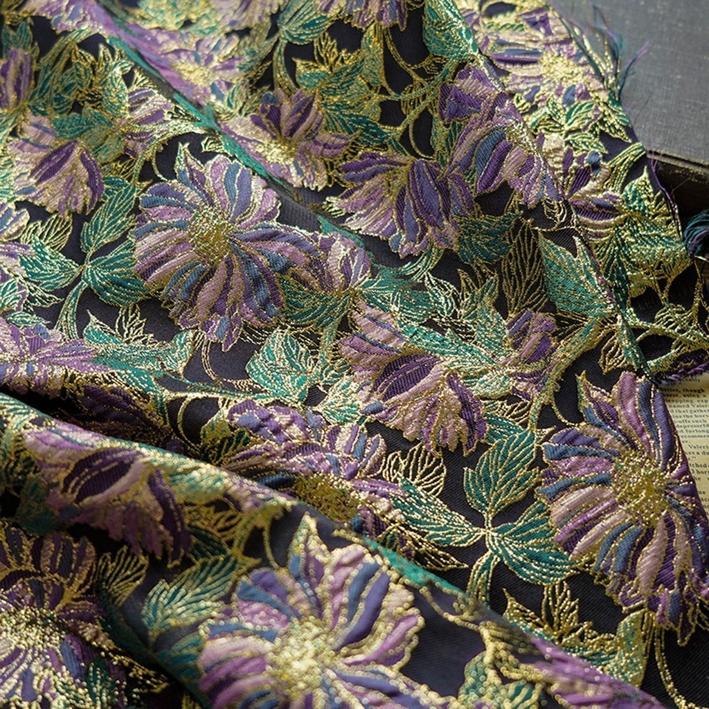 Vàng Tím Cổ Điển Lụa Vàng Hoa jacquard Đầm Vải 1 Mét Họa Tiết Thời Trang Sợi Nhuộm Tranh Vải Trang Trí TJ22092