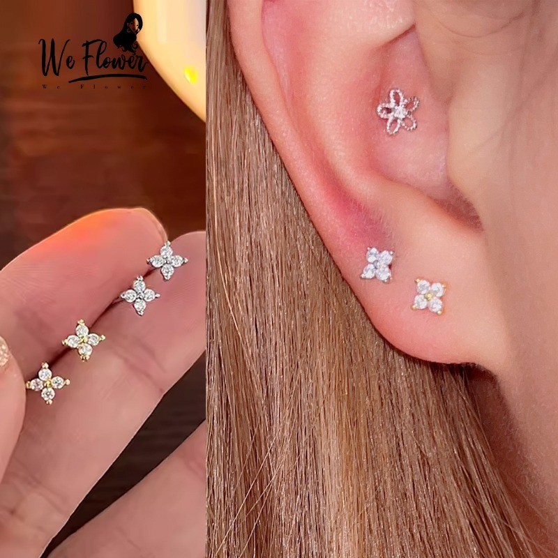WE FLOWER Hàn Quốc s925 Bạc Vàng Pha Lê Cỏ Ba Lá Vít Bông Tai Nữ Cô Gái Đính Hôn Dự Tiệc Tai Đinh Trang Sức Phụ Kiện