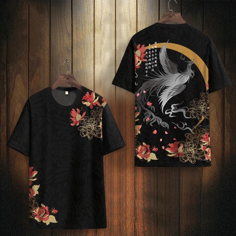 Men's T-shirt Chinese Style Phoenix Printed Short Sleeve Summer Quick-Drying Breathable plus Size Loose Short Sleeve T-shirt