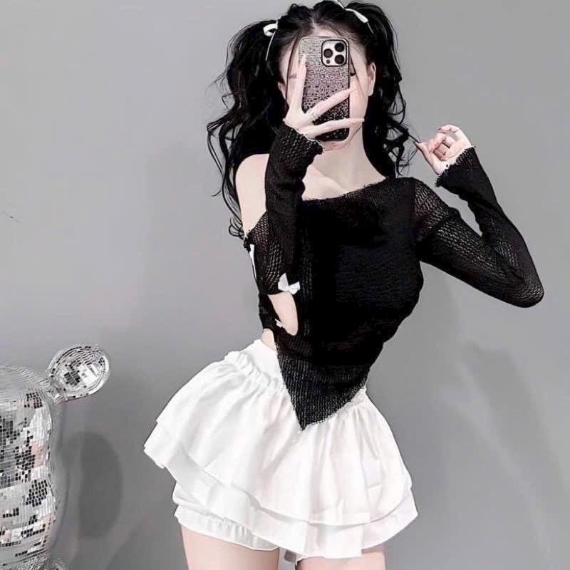 Áo trễ vai chất ren phối lót thun tay dài xẻ đính nơ