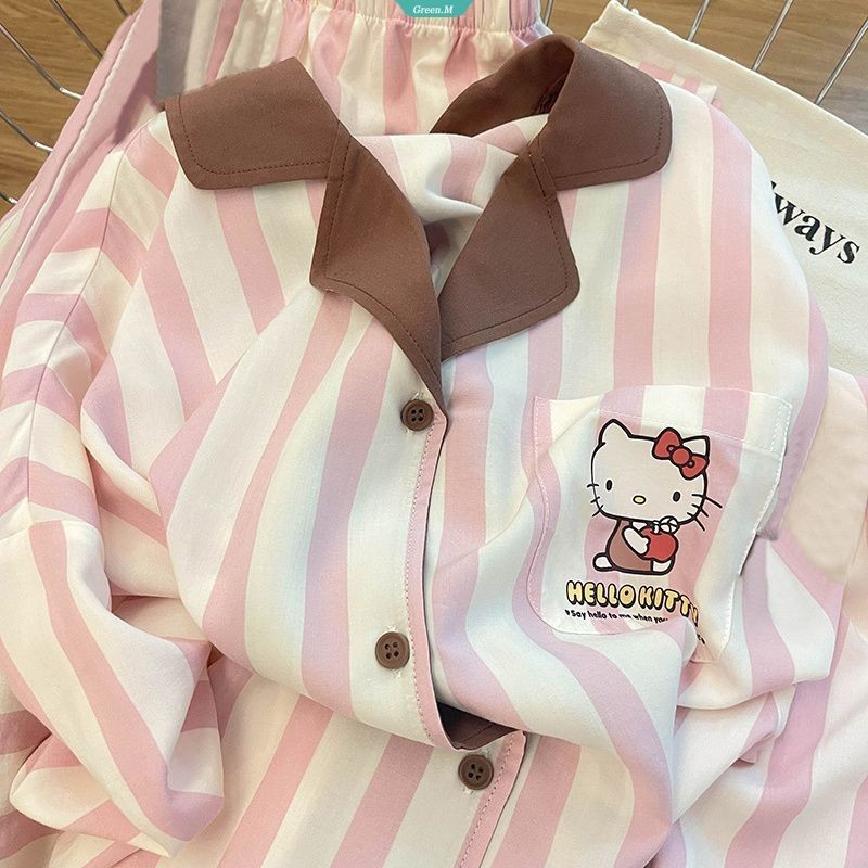 Phiên Bản Hàn Quốc Của Bộ Đồ Ngủ Hello Kitty Sọc Nữ Xuân Thu Mới Quần Dài Tay Nữ Mặc Ở Nhà Phù Hợp Với