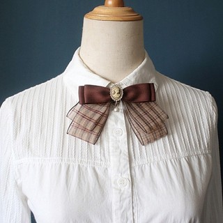 Capa Nữ Vintage Nâu Plaids Nơ Thắt Thổ Cẩm Pin Đồng Phục Pre Buộc Nơ Corsage