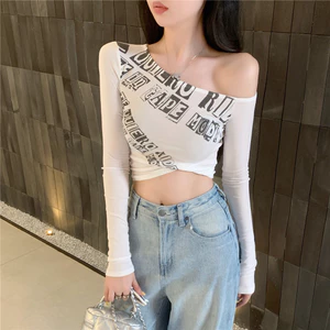 Milyfashion Pure Desire Sweet Hot Girl Một Vai Slanted Vai T Không Đều Dài Tay Niche Ngắn Top