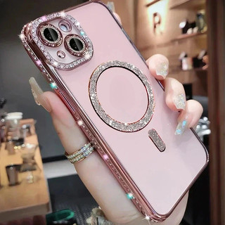 Ốp điện thoại phim ống kính pha lê Bling sang trọng cho iPhone 16 15 Pro Max Plus Sạc không dây từ tính Vỏ trong suốt