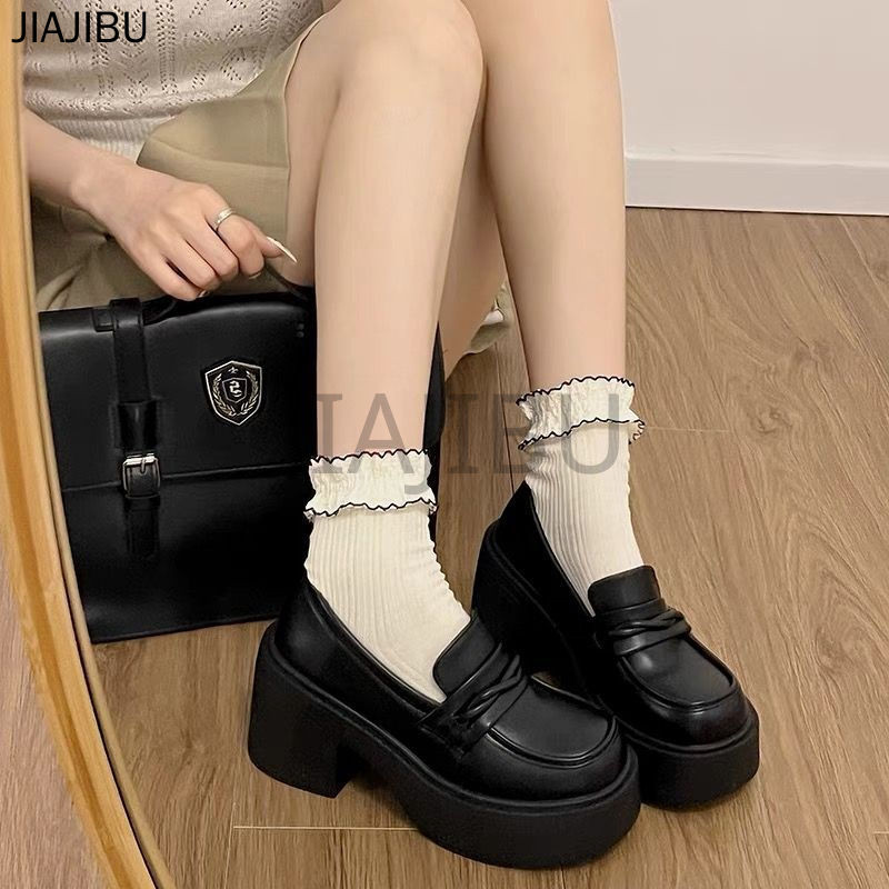 Giày Da Sáng Chế Chống Trượt Phong Cách Anh Quốc Giày Nữ Thời Trang Korean Fashion Platform Mary Jane Shoes Giày Lolita Gót Vuông Giày Lười Slip-on Giày Cao Gót Màu Đen Dành Cho Nữ Sinh Trung Học French Soft-soled Cosplay Doll Shoes Giày JK