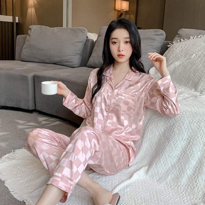 Checkerboard Ice Silk Giả Bộ Đồ Ngủ Lụa Nữ Thu Đông Dài Tay Phiên Bản Hàn Quốc ins Nữ Homewear [luyoo32]