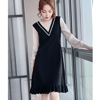 Mùa Thu Đông Đầm Dệt Kim Váy 2024 Phong Cách Mới Plus Size Đầm Nữ Béo mm Thời Trang Giảm Tuổi Màu Sắc Phù Hợp Với Cổ Tròn Giả Hai Mảnh