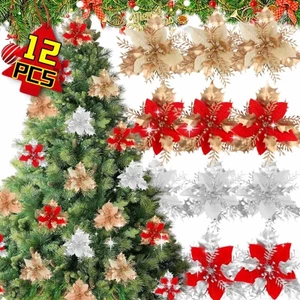 4-12 Chiếc Hoa Giáng Sinh Mô Phỏng - Hoa Nhân Tạo Màu Đỏ Lấp Lánh - Đồ Trang Trí Treo Cây Giáng Sinh - Trang Trí Nhà Tiệc Năm Mới - Navidad DIY Vòng Hoa Tiếp Liệu